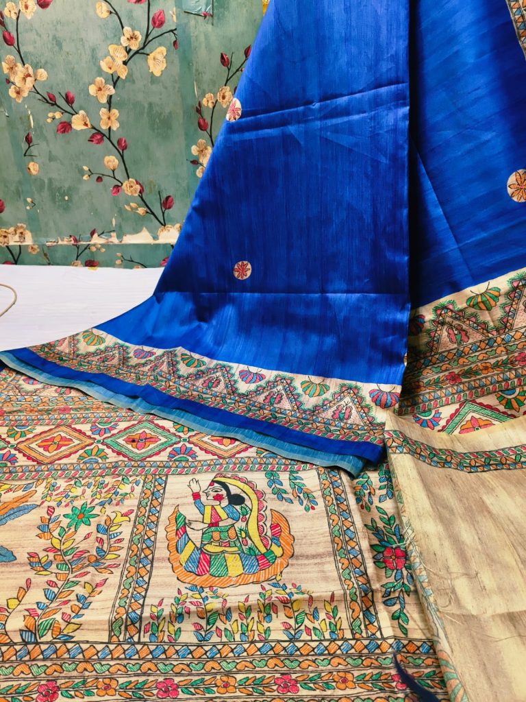 Beautiful Semi tushar Madhubani Printed saree with  attached BP