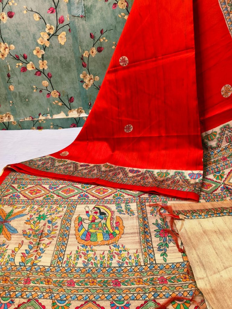 Beautiful Semi tushar Madhubani Printed saree with  attached BP