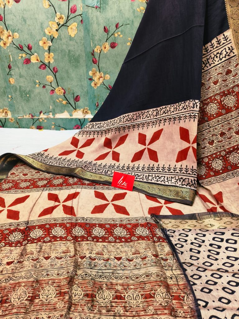 Beautiful Maheswari silk BAGRU Pure hand block sarees with liva yarn  attached bp