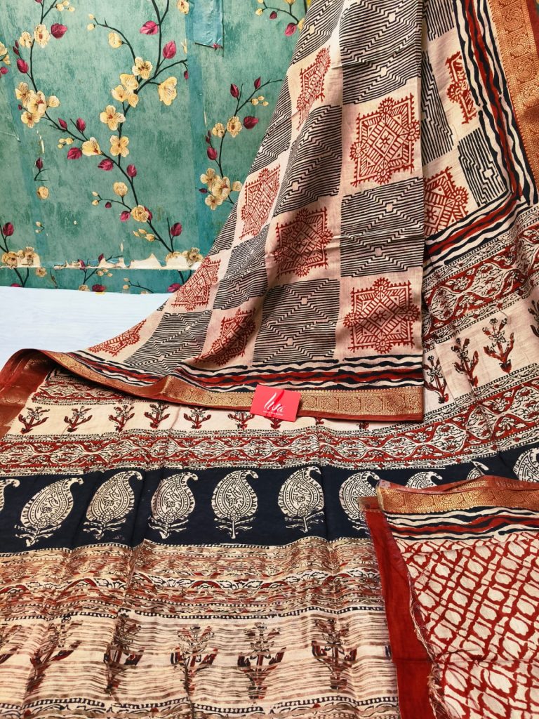 Beautiful Maheswari silk BAGRU Pure hand block sarees with liva yarn  attached bp