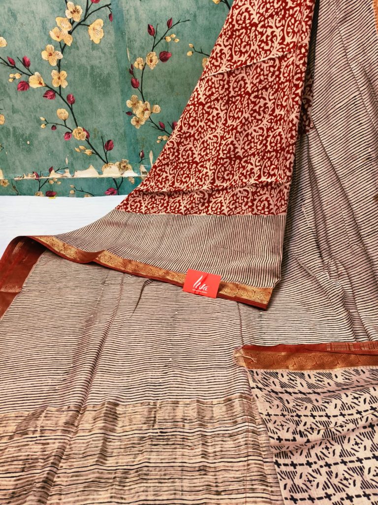 Beautiful Maheswari silk BAGRU Pure hand block sarees with liva yarn  attached bp
