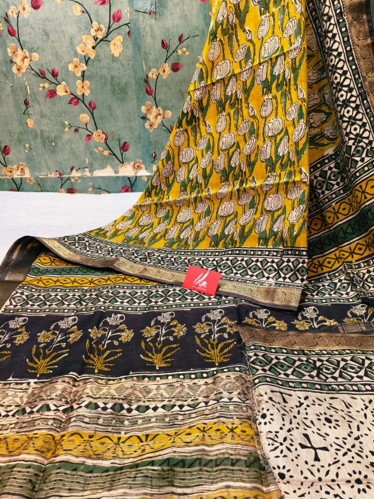 Beautiful Maheswari silk BAGRU Pure hand block sarees with liva yarn  attached bp