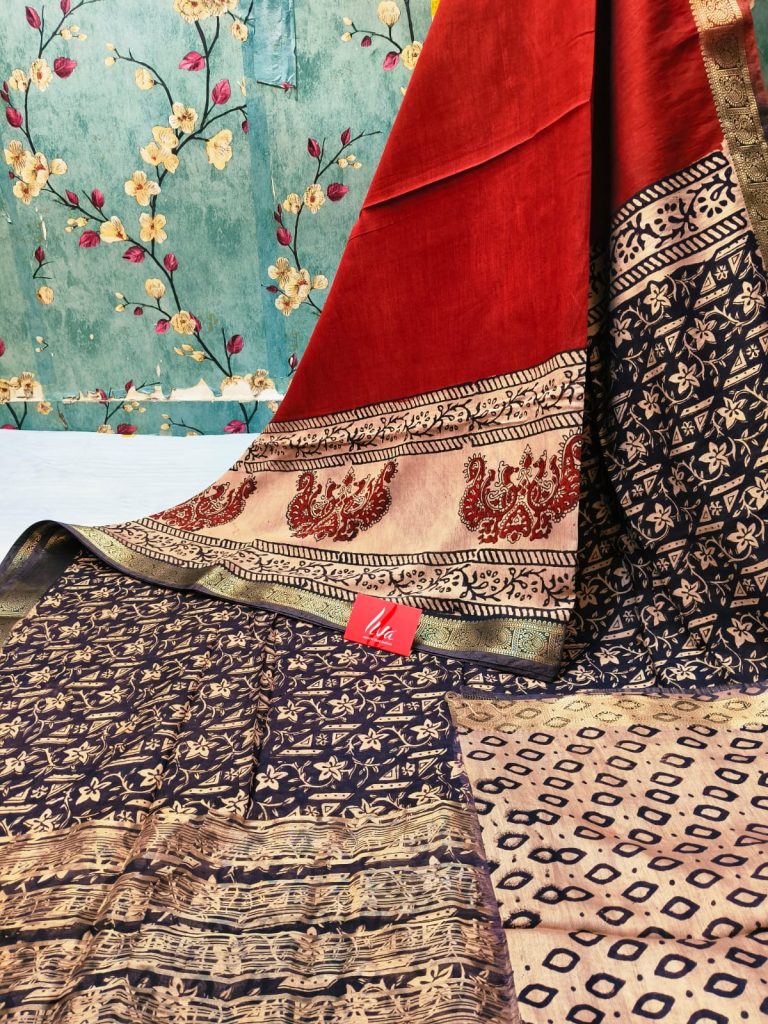 Beautiful Maheswari silk BAGRU Pure hand block sarees with liva yarn  attached bp