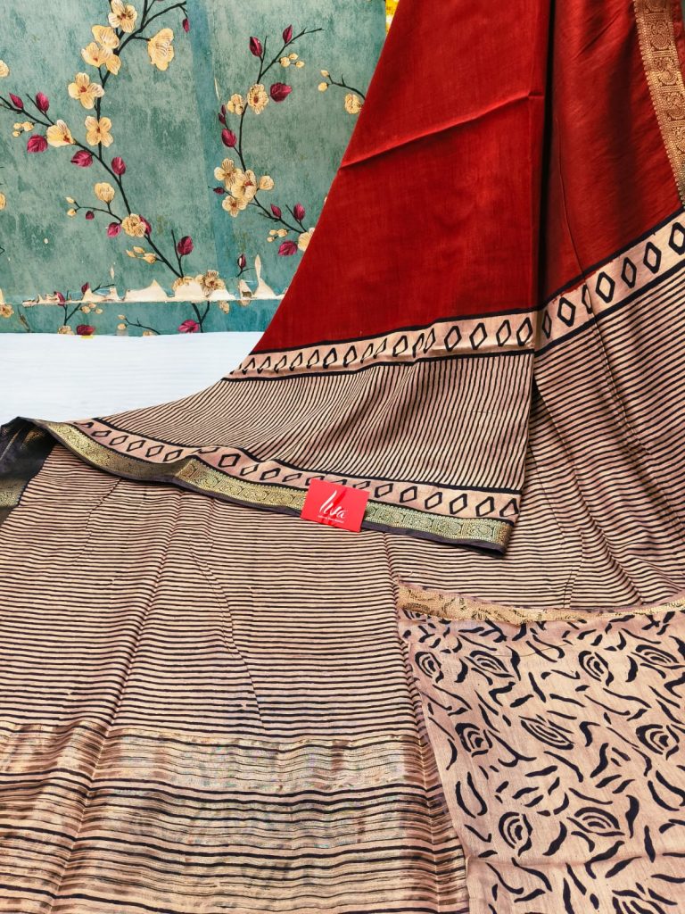 Beautiful Maheswari silk BAGRU Pure hand block sarees with liva yarn  attached bp