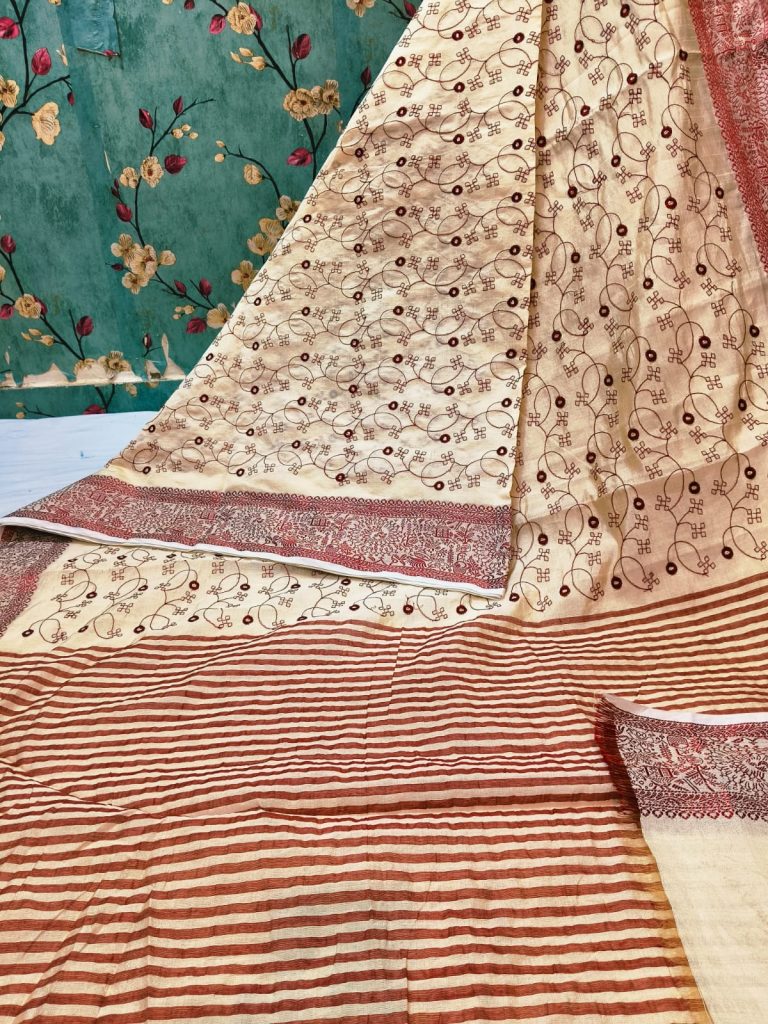 Beautiful Soft Tussar embroidery with elegance weaving border and attached BP