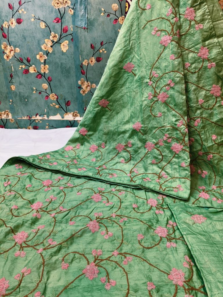 Exclusive Tussar cross stitch Embroidery  saree with attached BP