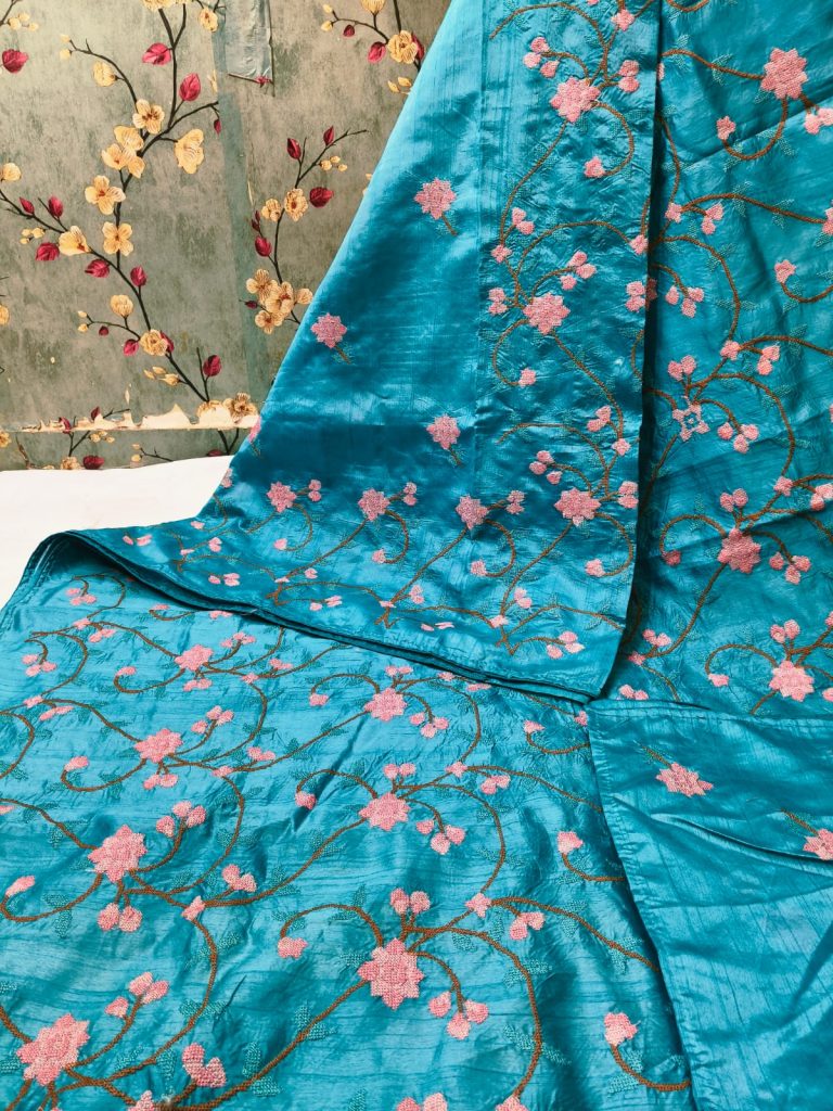 Exclusive Tussar cross stitch Embroidery  saree with attached BP