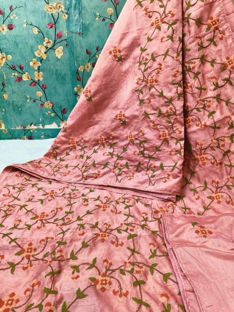 Exclusive Tussar cross stitch Embroidery  saree with attached BP