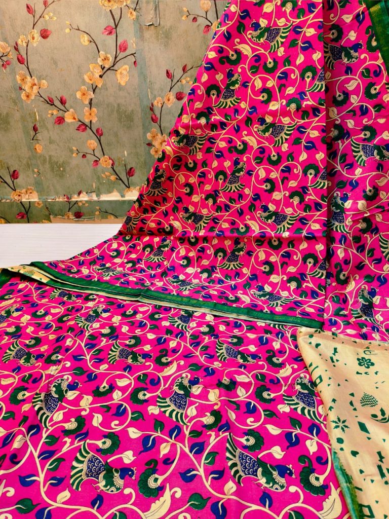 Beautiful Premium Quality chanderi Silk kalamkari printed saree with attached printed
