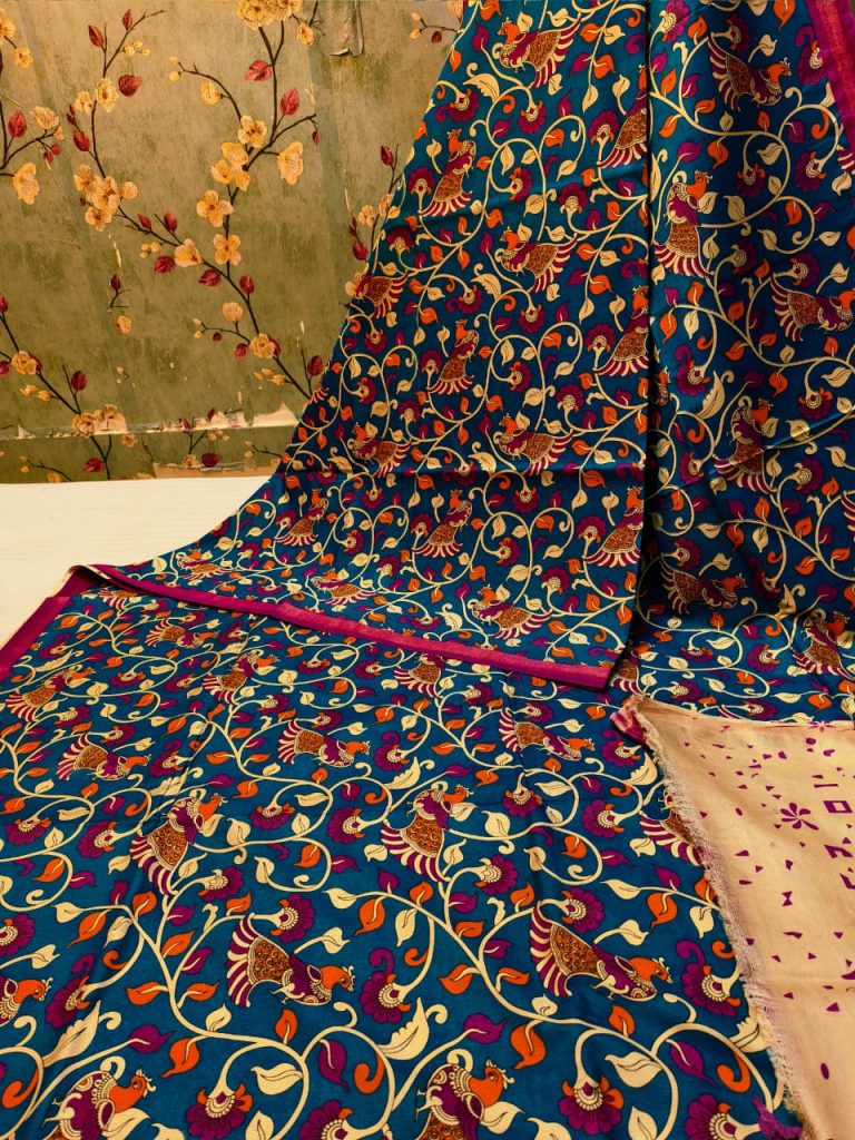 Beautiful Premium Quality chanderi Silk kalamkari printed saree with attached printed