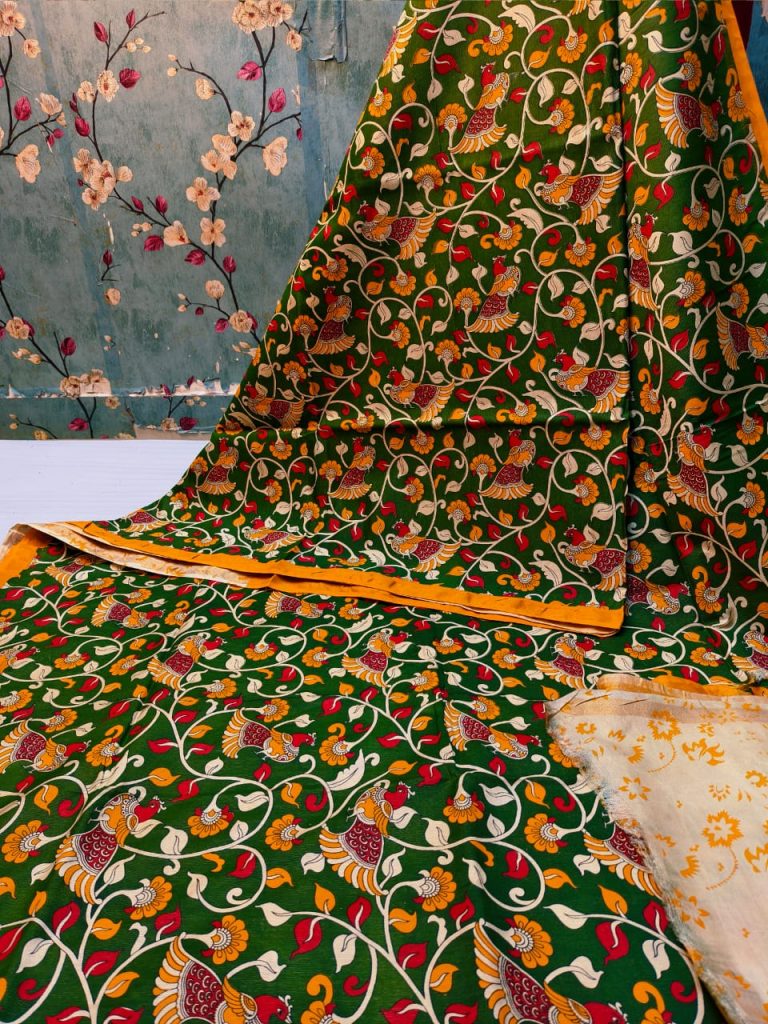 Beautiful Premium Quality chanderi Silk kalamkari printed saree with attached printed
