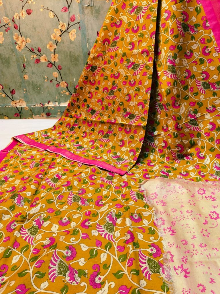 Beautiful Premium Quality chanderi Silk kalamkari printed saree with attached printed