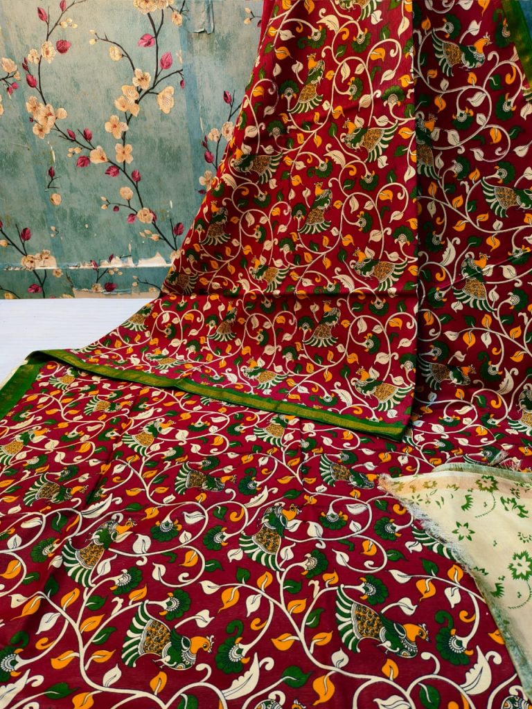 Beautiful Premium Quality chanderi Silk kalamkari printed saree with attached printed