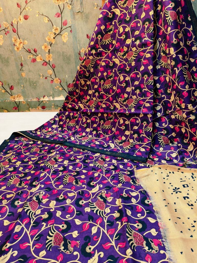 Beautiful Premium Quality chanderi Silk kalamkari printed saree with attached printed