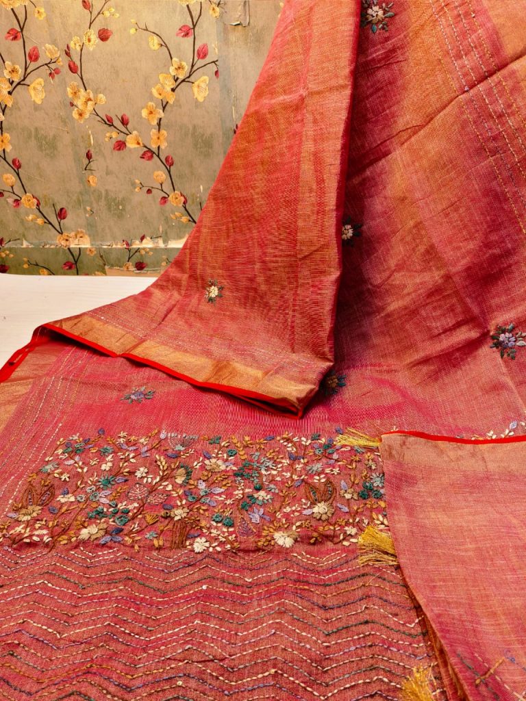 Beautiful Premium Quality linen tissue Silk bullion saree with attached embroidery BP