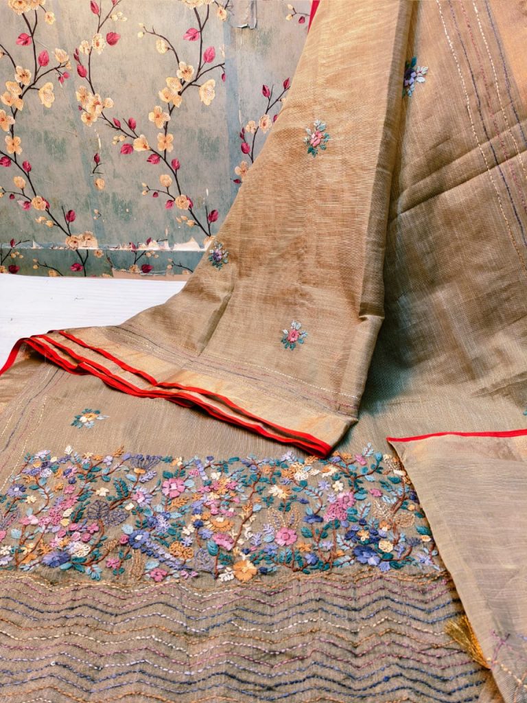 Beautiful Premium Quality linen tissue Silk bullion saree with attached embroidery BP