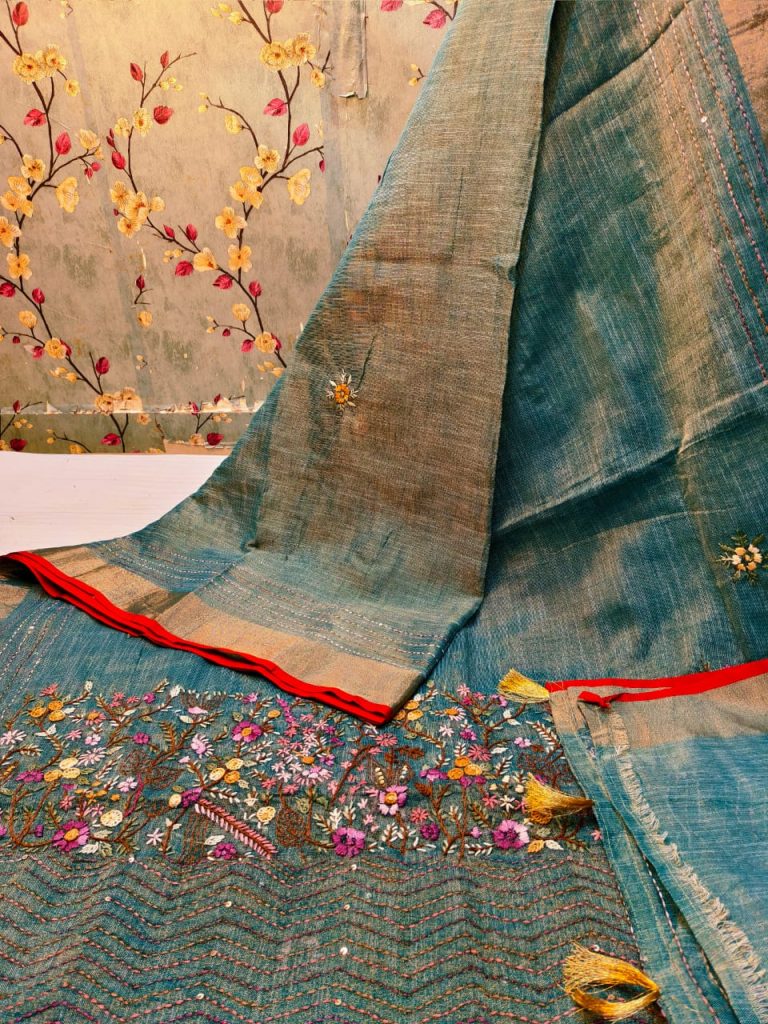 Beautiful Premium Quality linen tissue Silk bullion saree with attached embroidery BP