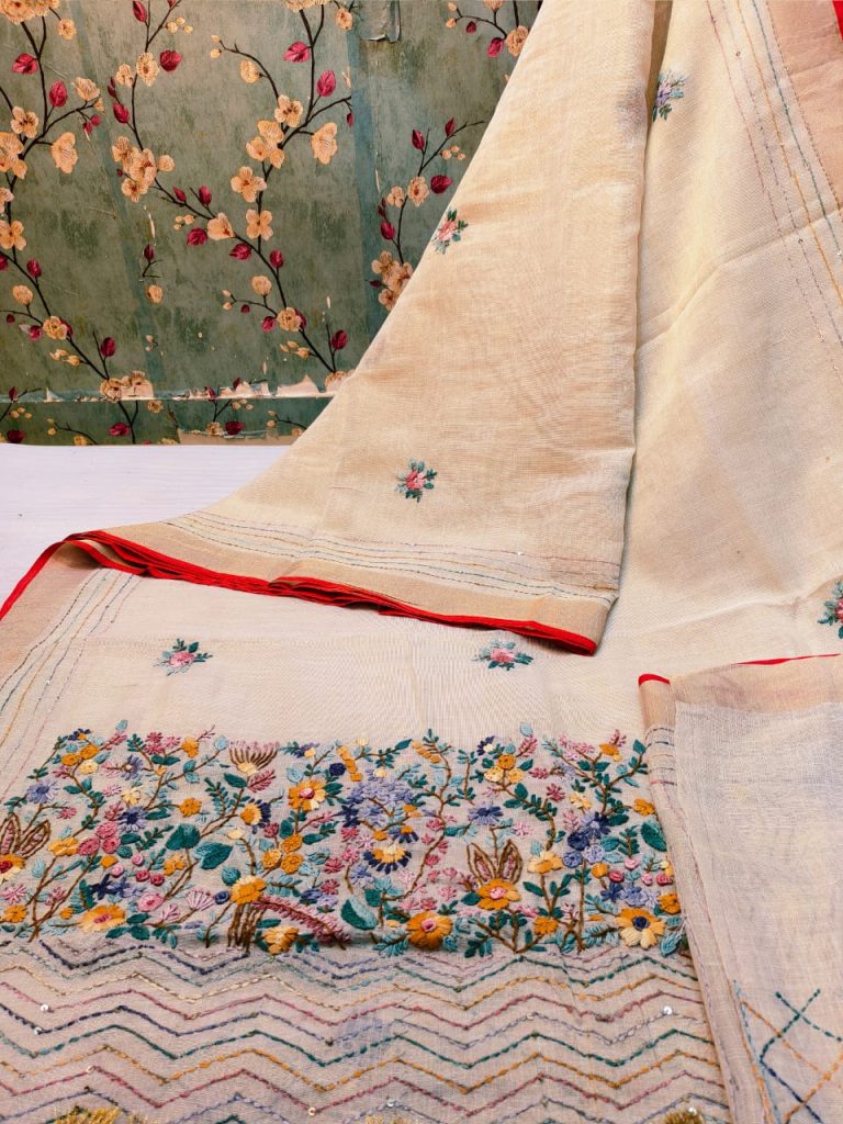 Beautiful Premium Quality linen tissue Silk bullion saree with attached embroidery BP