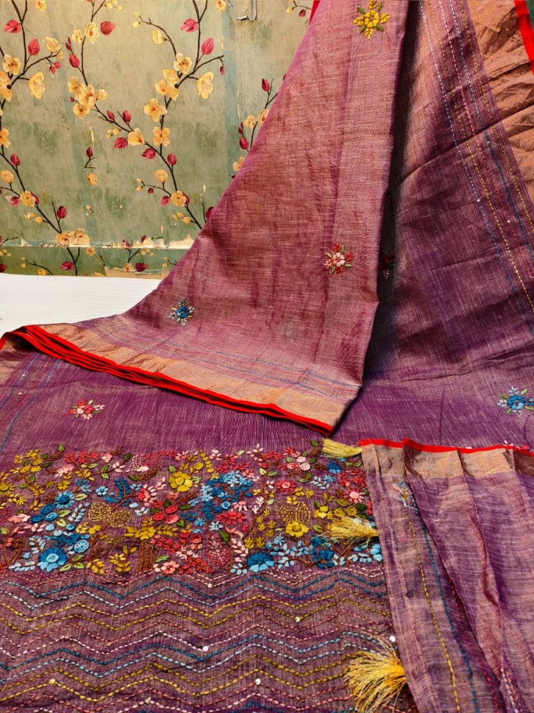 Beautiful Premium Quality linen tissue Silk bullion saree with attached embroidery BP