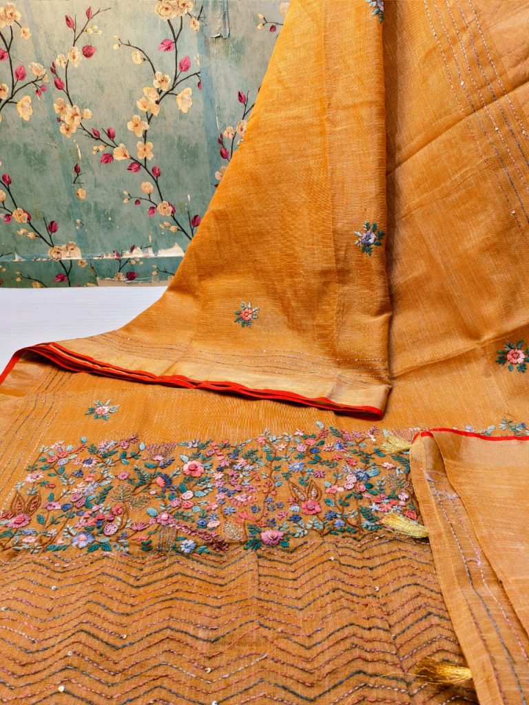 Beautiful Premium Quality linen tissue Silk bullion saree with attached embroidery BP