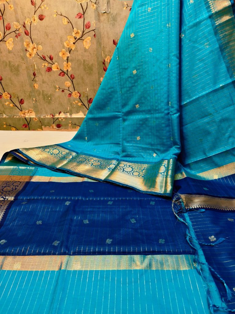 Beautiful Soft Banarsi Mangalgiri checks sarees attached contrast BP