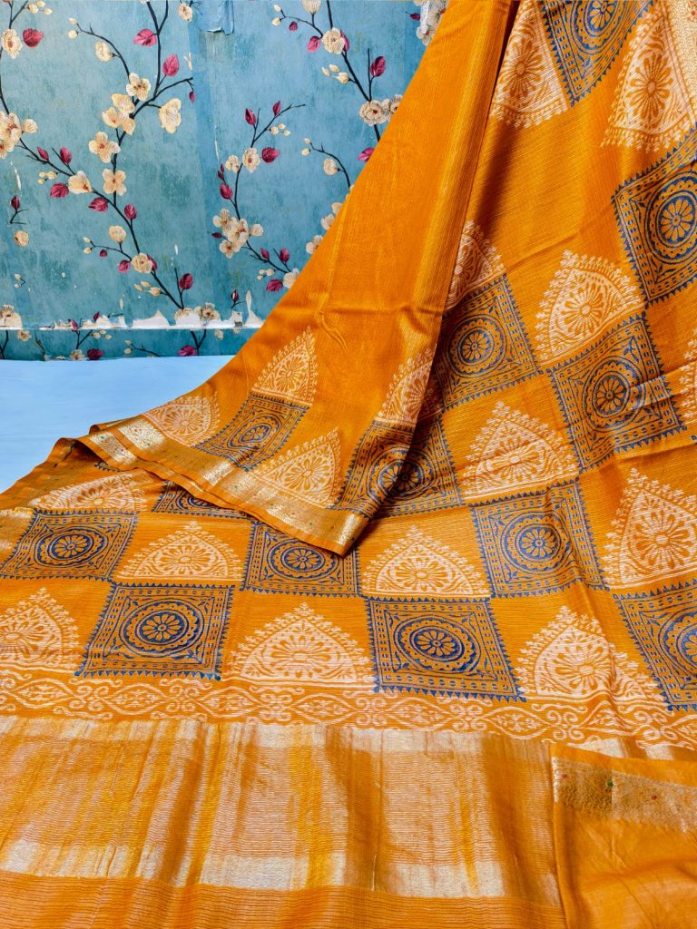 Beautiful Butter smooth Banarsi kota Maheswari silk  hand block sarees with attached BP