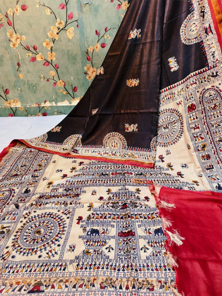 Exclusive warli printed Premium Gicha Chanderi silk  with attached BP