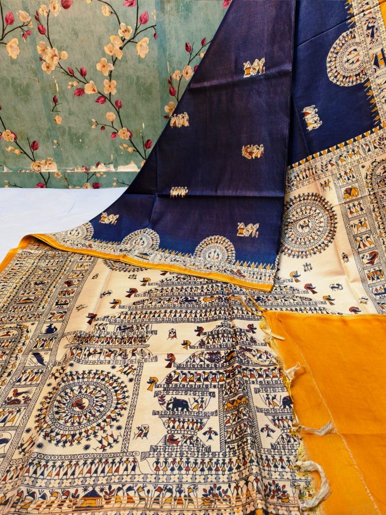 Exclusive warli printed Premium Gicha Chanderi silk  with attached BP