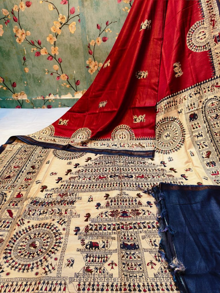 Exclusive warli printed Premium Gicha Chanderi silk  with attached BP