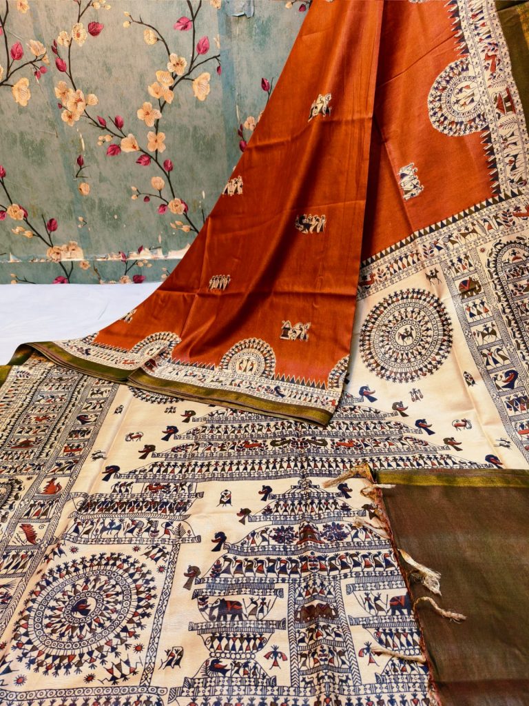 Exclusive warli printed Premium Gicha Chanderi silk  with attached BP
