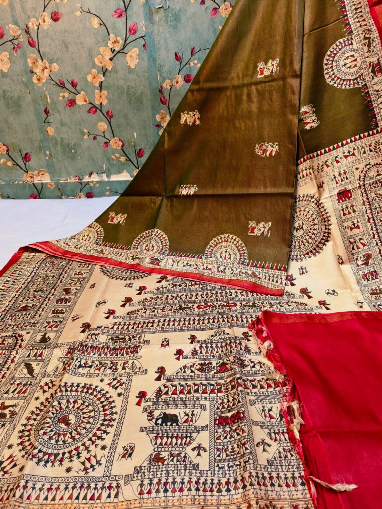 Exclusive warli printed Premium Gicha Chanderi silk  with attached BP