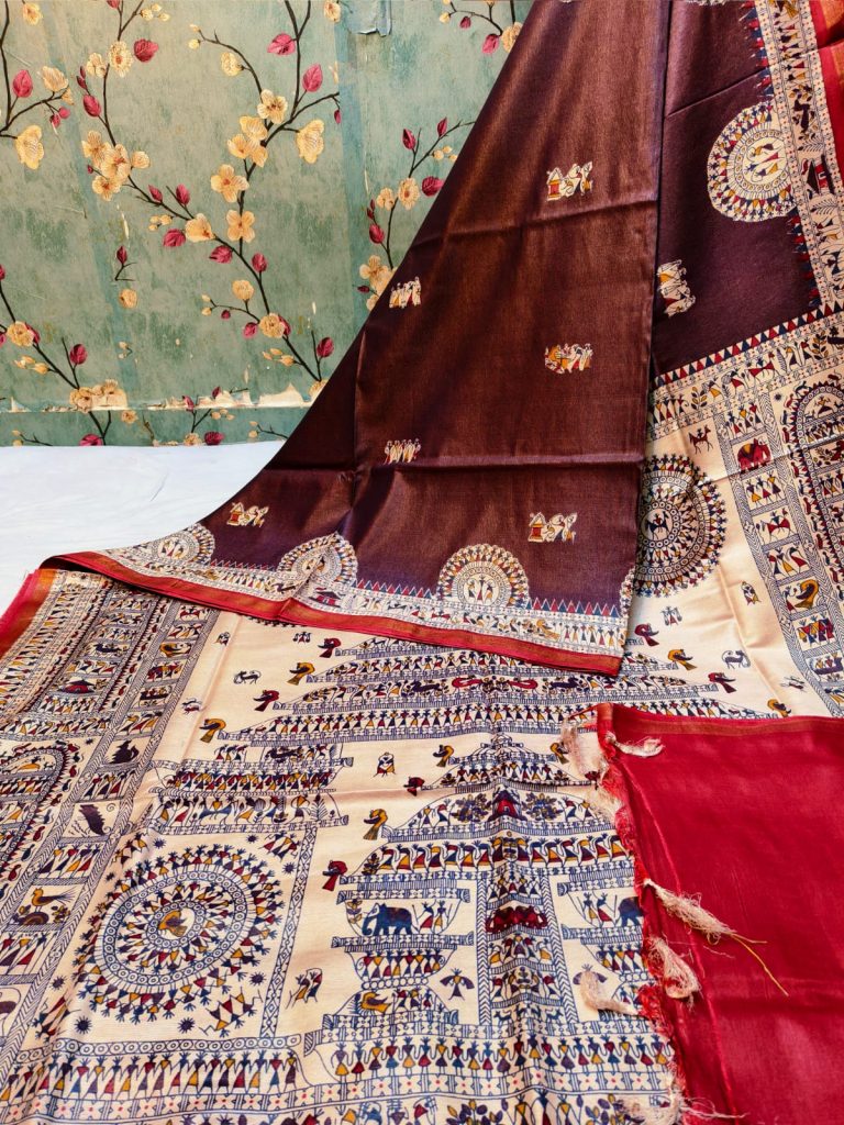 Exclusive warli printed Premium Gicha Chanderi silk  with attached BP