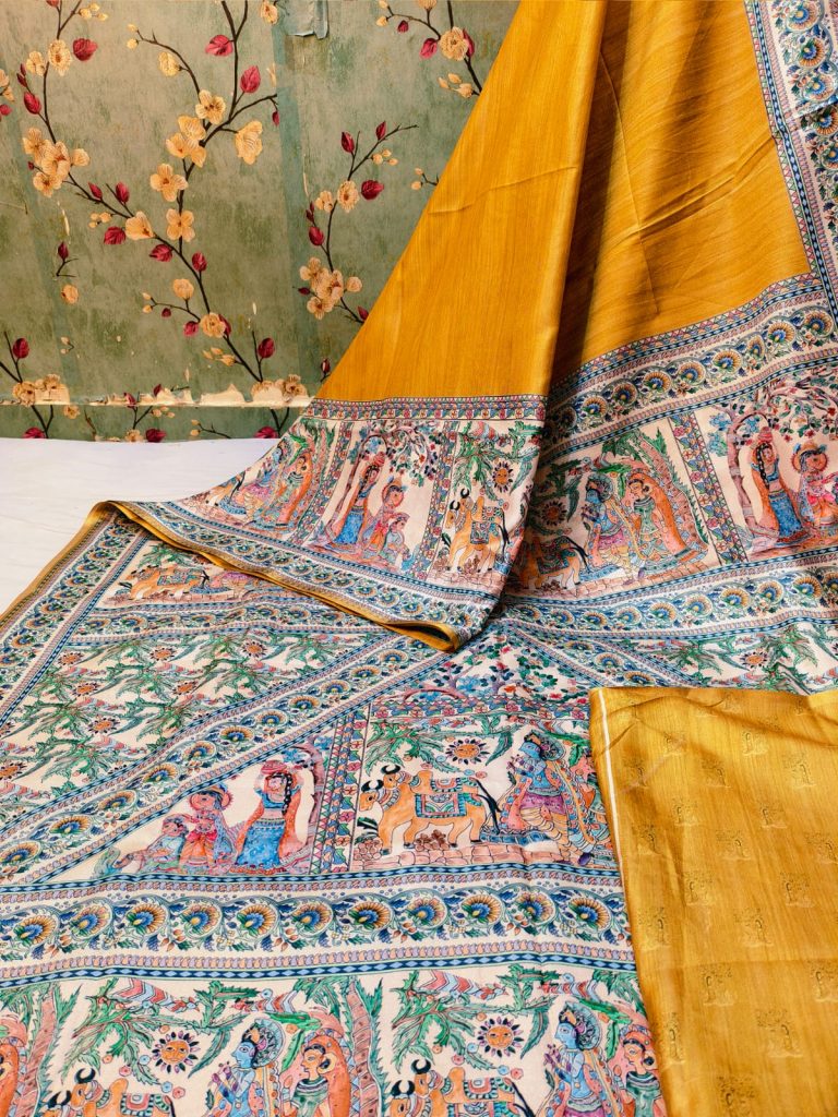 Beautiful Soft manipuri silk Madhubani digital Printes saree with attached BP