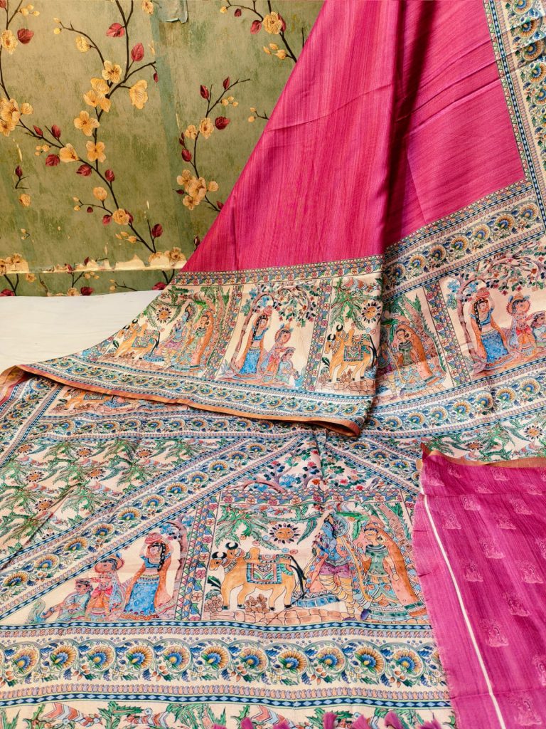 Beautiful Soft manipuri silk Madhubani digital Printes saree with attached BP