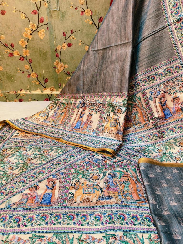 Beautiful Soft manipuri silk Madhubani digital Printes saree with attached BP