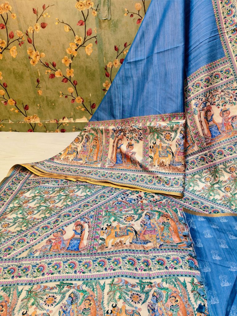 Beautiful Soft manipuri silk Madhubani digital Printes saree with attached BP