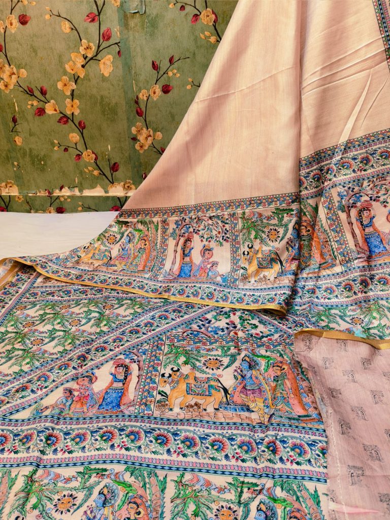 Beautiful Soft manipuri silk Madhubani digital Printes saree with attached BP