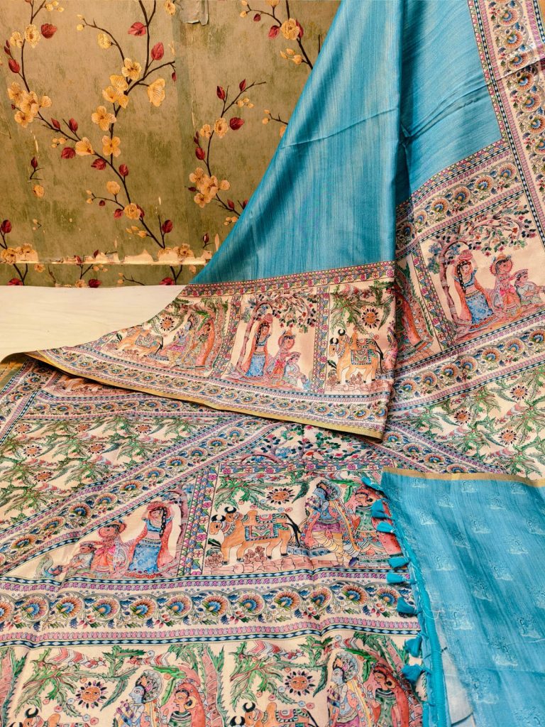 Beautiful Soft manipuri silk Madhubani digital Printes saree with attached BP