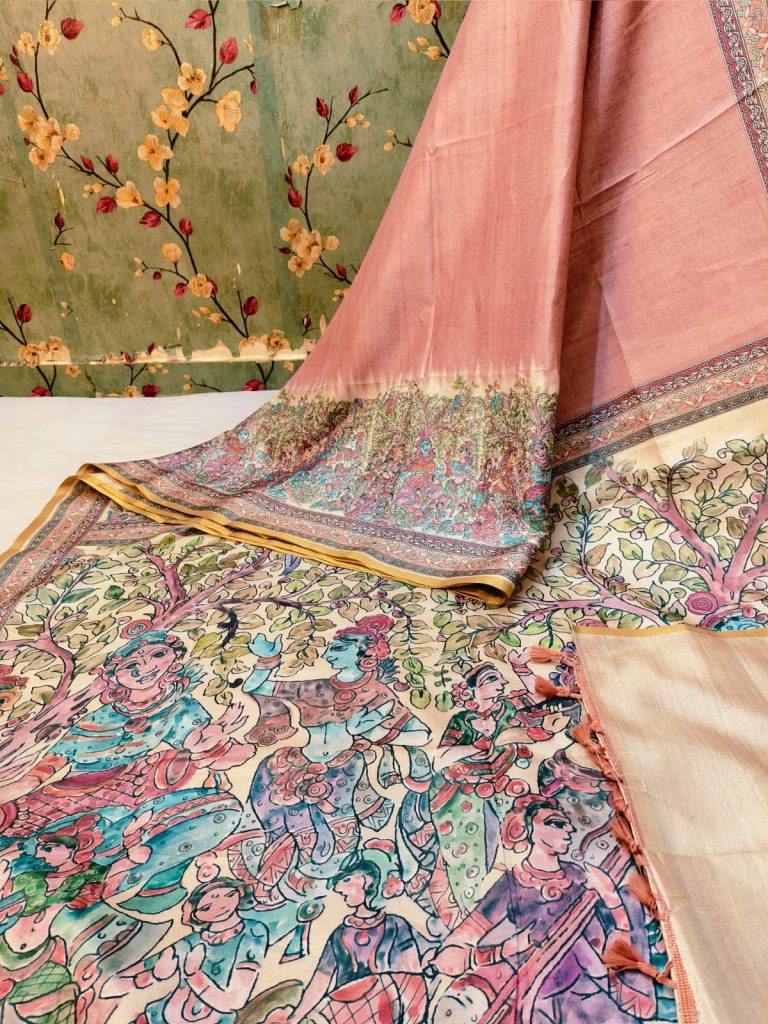 Beautiful Soft manipuri silk Madhubani digital Printes saree with attached BP
